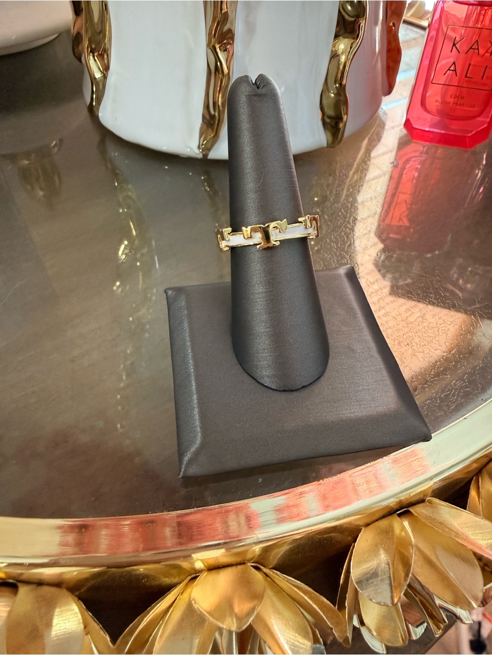 Tory Burch Gold and White Enamel Logo T Ring